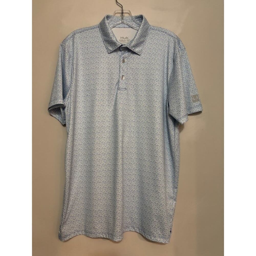 Huk Polo Shirt Medium Geometric Pattern Pursuit Printed Fishing Performance NEW